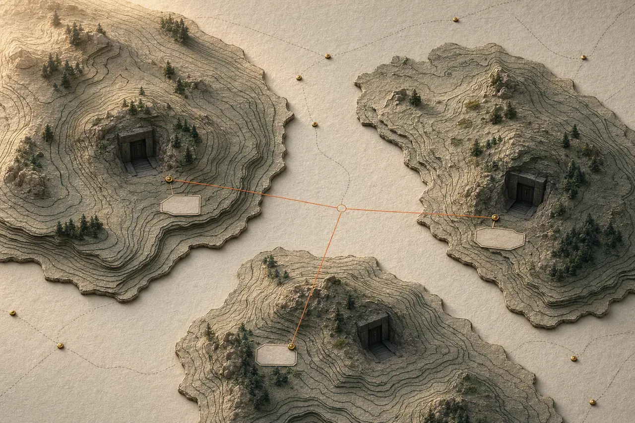 Three separate topographic islands, each with its own vault, connected only by survey markers